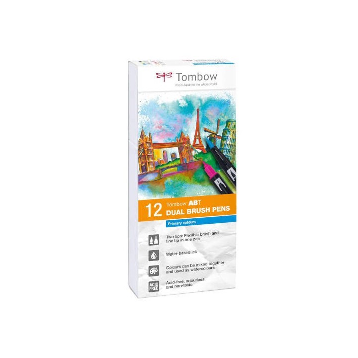 estuche 12 rotuladores doble punta pincel colores primarios tombow abt-12p-1