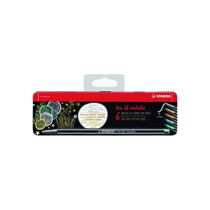 estuche de metal 6 unidades colores metalicos punta media 1,4mm. pen 68 con colgador stabilo 6806/8-