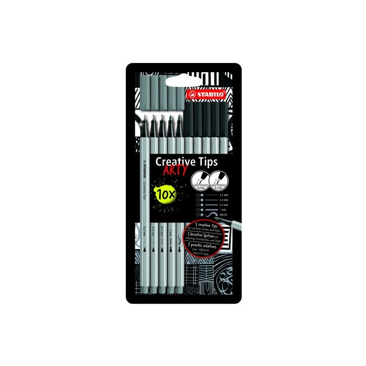 estuche rotuladores creative tips arty con 10 rotuladores (5 puntas diferentes) en color negro y gri