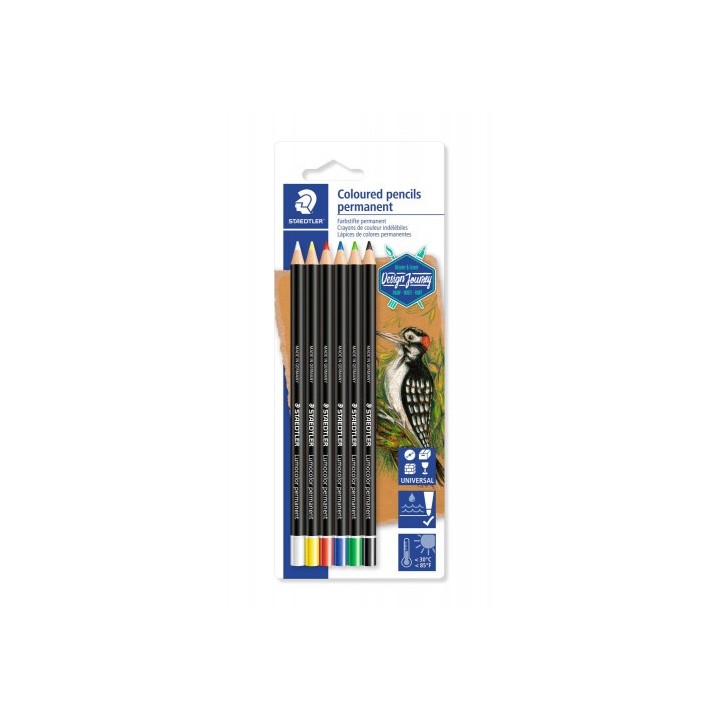 blister con 6 lapices, uno de cada color (blanco, amarillo, rojo, azul, verde y negro) staedtler 108