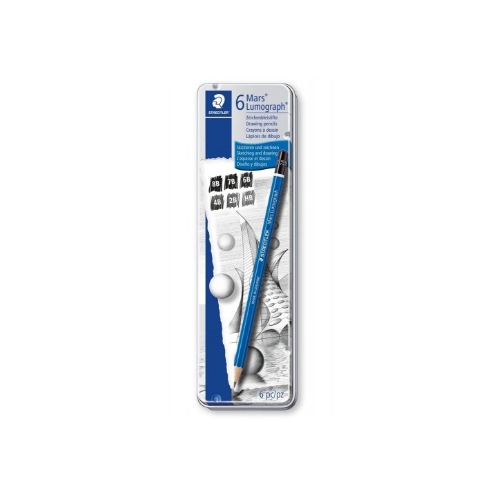 estuche de metal con 6 lapices, graduaciones 8b,  7b,  6b,  4b,  2b,  hb staedtler 100 g6
