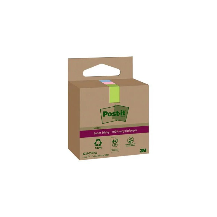 pack 3 blocs 70 hojas notas recicladas adhesivas 47,6x47,6mm super sticky colores surtidos caja cart