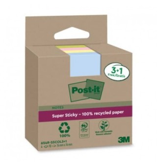pack 3+1 blocs 90 hojas notas recicladas adhesivas 76x76mm super sticky colores surtidos 654 rsscol3