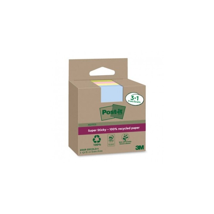 pack 3+1 blocs 90 hojas notas recicladas adhesivas 76x76mm super sticky colores surtidos 654 rsscol3