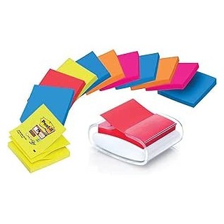 pack dispensador blanco pro + 12 blocs 90 hojas z-notes 76x76mm super sticky colores variados pro-w-