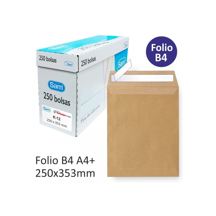 caja 250 bolsas din b4 folio (250x353) kraft 90 grs. autosam autoadhesivo con tira de silicona sam 1