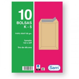 paquetes de 10 bolsas kraft, con tira de silicona tamano 162x229 80 grs. sam 665098