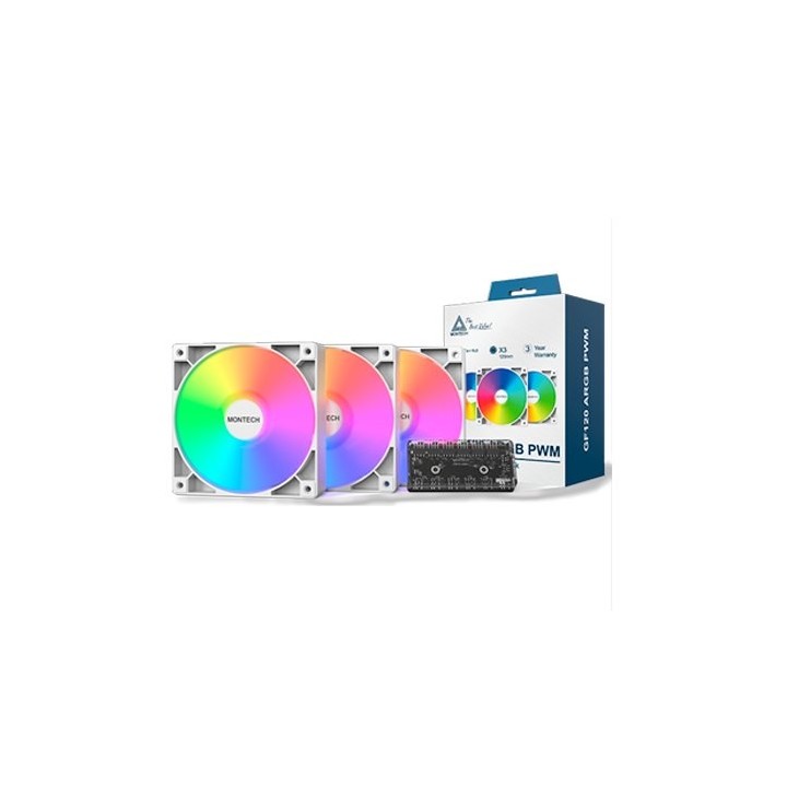 ventilador 120x120 montech gf120 pwm white pack 3 + hub 120mm argb 1600rpm pwm