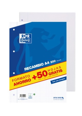 oxford recambio a4 200+50 hojas 90grs 4x4 margen azul oxford 400119437