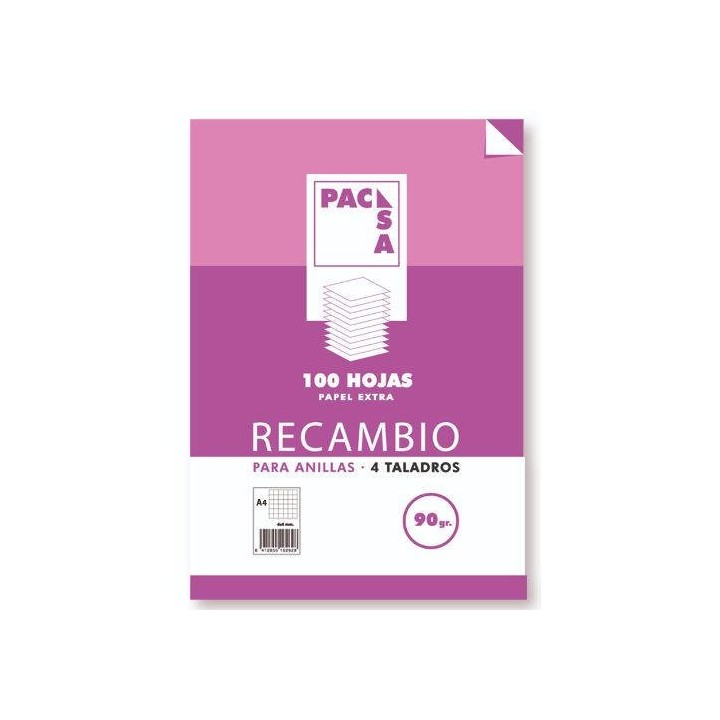 pacsa recambio 90 grs . 4 taladros folio (215x310mm.) 100 hojas cuadricula 4x4 con margen pacsa 2126