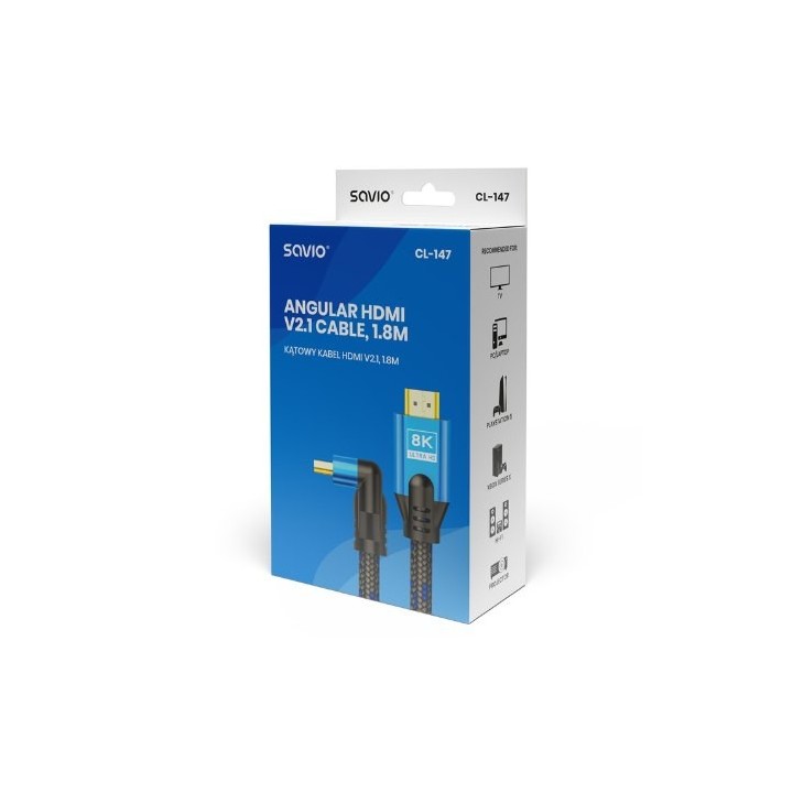 cable hdmi 2.1 (m) angular 8k savio cl-147 1.8m 1.8m macho a macho trenzado azul y negro hdr 8k