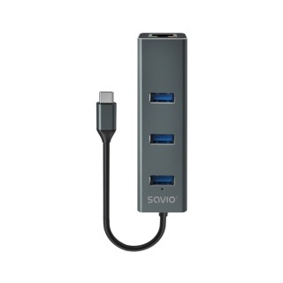 hub savio usb(c) - 3 x usb(a) 3.1 + 1 x rj-45 usb 3.1 gen 1 negro y gris aluminio 5 gbps