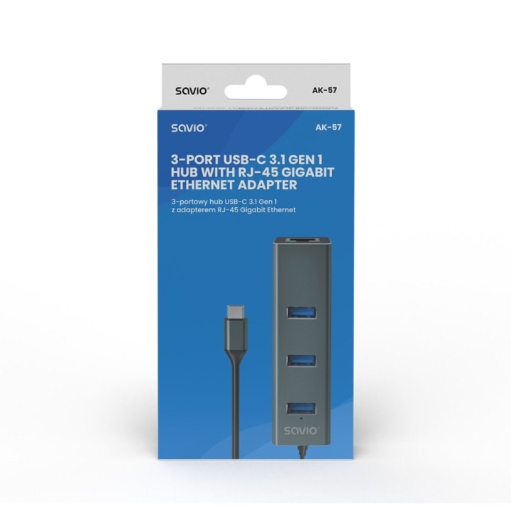 hub savio usb(c) - 3 x usb(a) 3.1 + 1 x rj-45 usb 3.1 gen 1 negro y gris aluminio 5 gbps