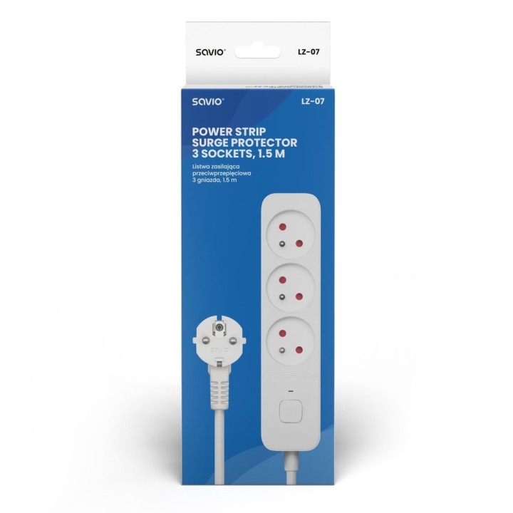 regleta de 3 enchufes 1.5m blanco savio lz-07 proteccion infantil y por sobretension