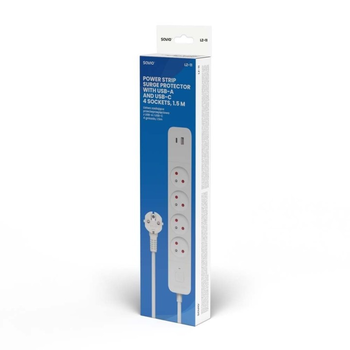 regleta de 4 enchufes + 2usb 1.5m savio lz-11 1usb(a)   1usb(c) blanco anti-tension