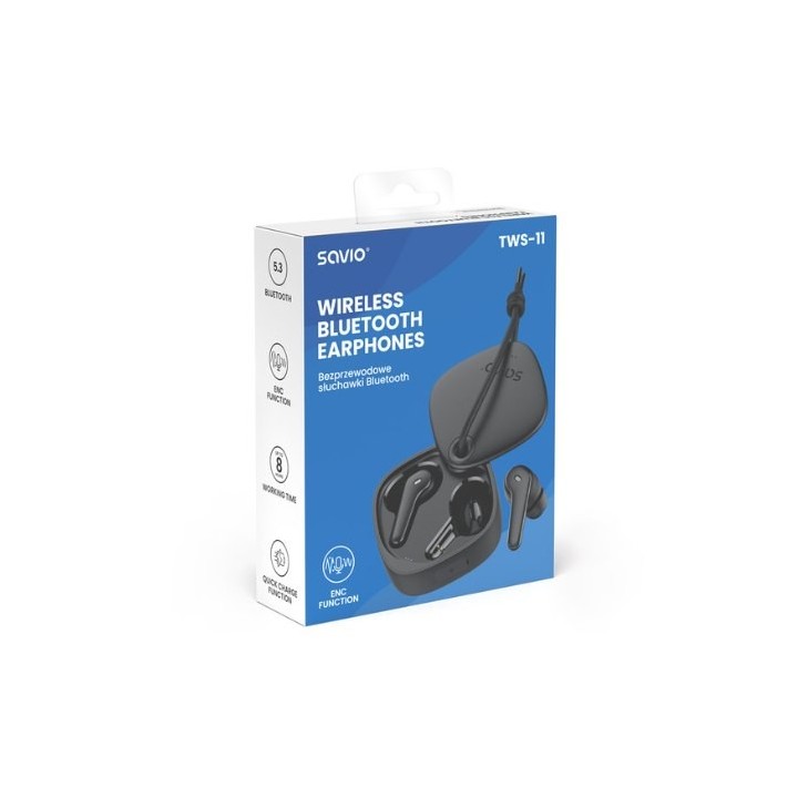 auriculares inalabricos bluetooth 5.3 savio tws-11 negro autonomia 8h funcion carga rapida