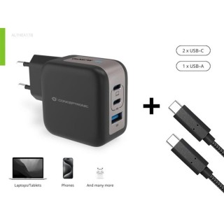 conceptronic cargador de pared conceptronic althea17b 67w 2x usb tipo c 1x usb tipo a