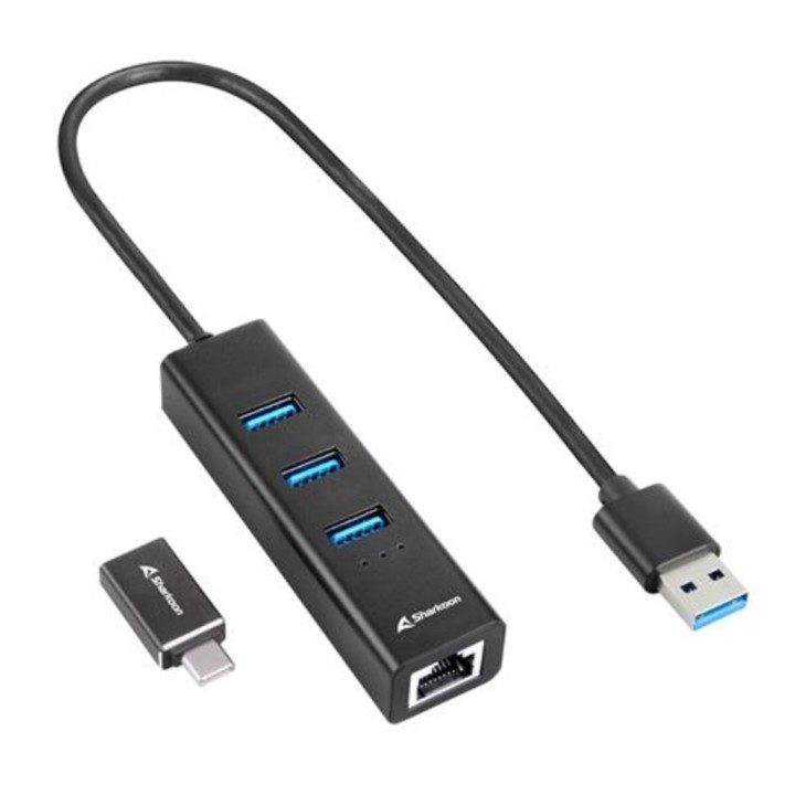 sharkoon hub usb sharkoon 3 x usb 3.2 gen 1 + rj45 aluminio negro + adaptador usb tipo c