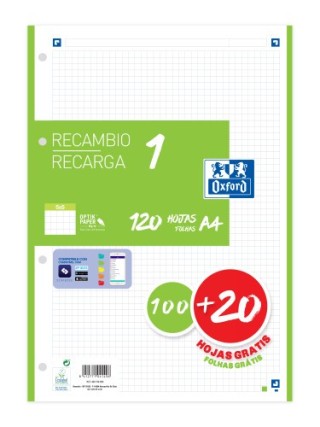 oxford recambio color 1 a4  100+20 hojas 5x5 verde 90grs oxford 400158059