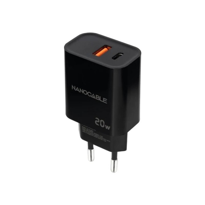 nanocable cargador usb-c/pd+usb-a/qc 20w negro