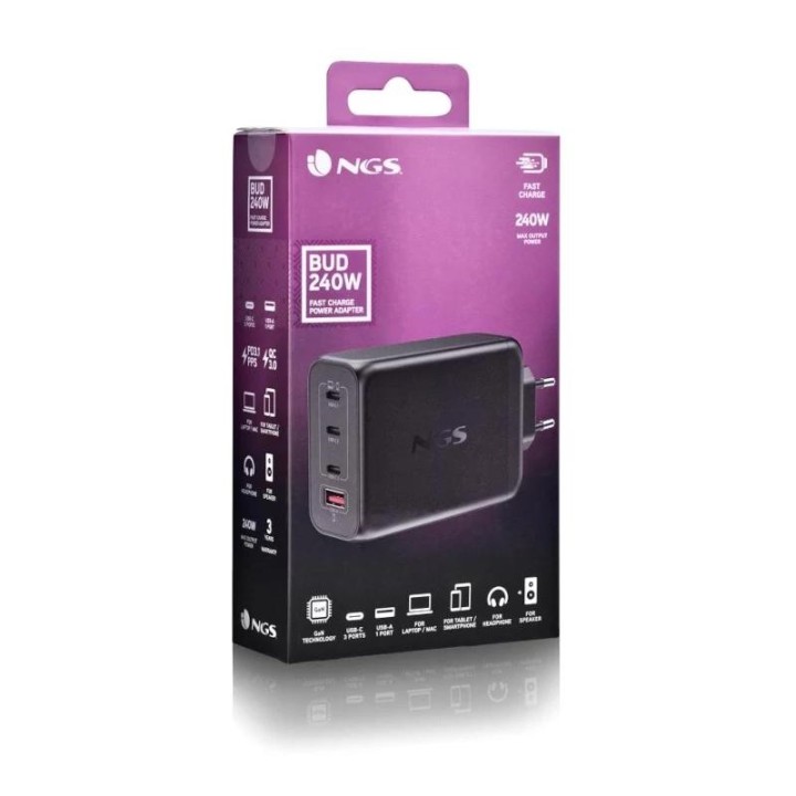 ngs cargador ultrarapido240w 4 puertos 3usb-c 1 us