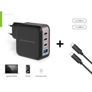 conceptronic cargador de pared conceptronic althea18b 100w 3x usb tipo c 1x usb tipo a