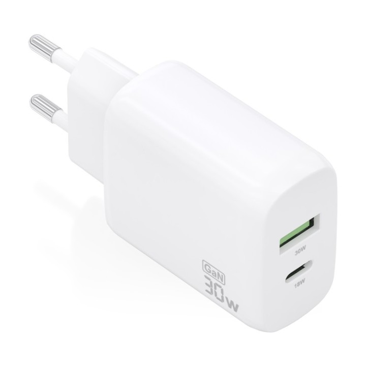 cargador aisens gan 30w, 1xusb-c pd3.0 qc4.0, 1xusb-a qc3.0, blanco