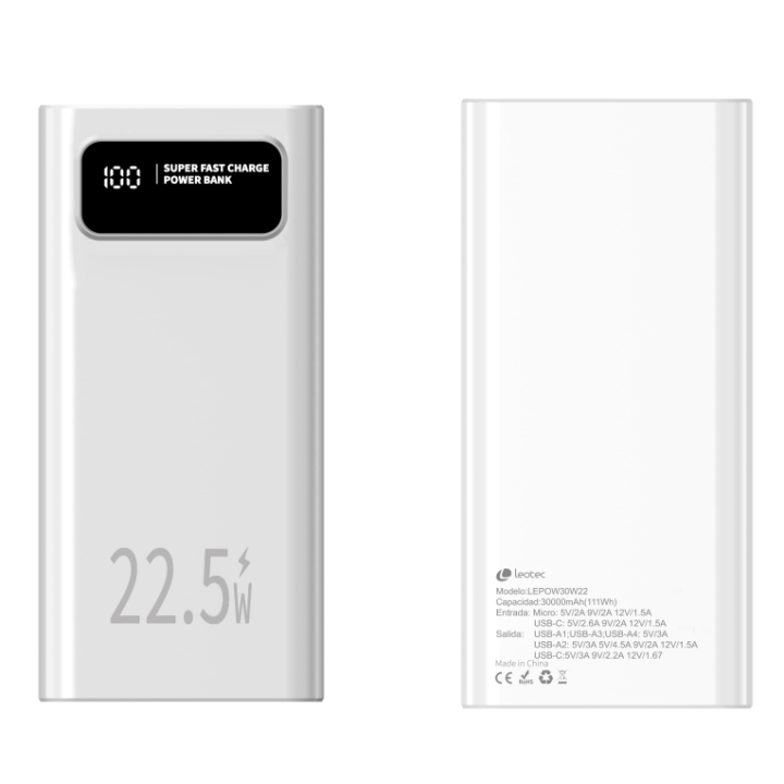 leotec powerbank 30000mah 22,5w pd20w blan  1 usb c+4usb a inc usb a a usb c