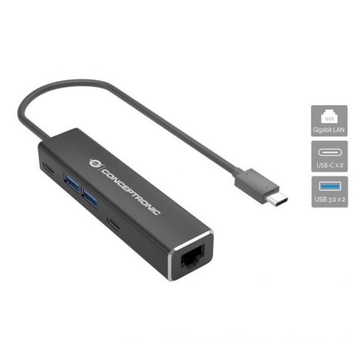 conceptronic adaptador usb tipo c a rj45 conceptronic macho   hembra + hub 4 en 1