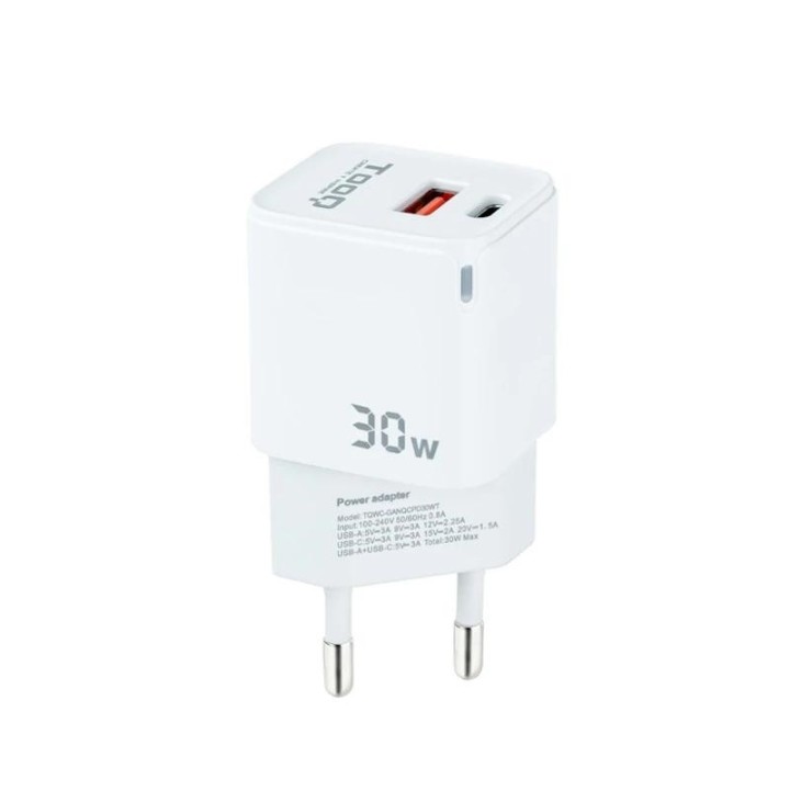 tooq cargador pared gan usb c/usb a 30w
