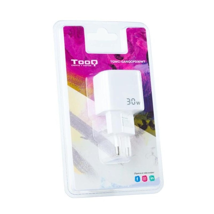 tooq cargador pared gan usb c/usb a 30w