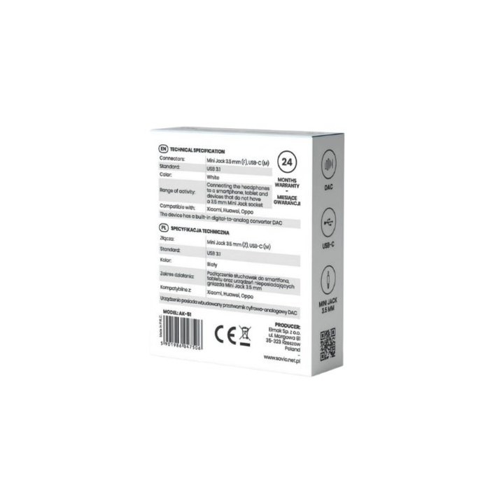 adaptador usb c savio ak 51 blanco dac usb tipo c mini jack 3,5 mm