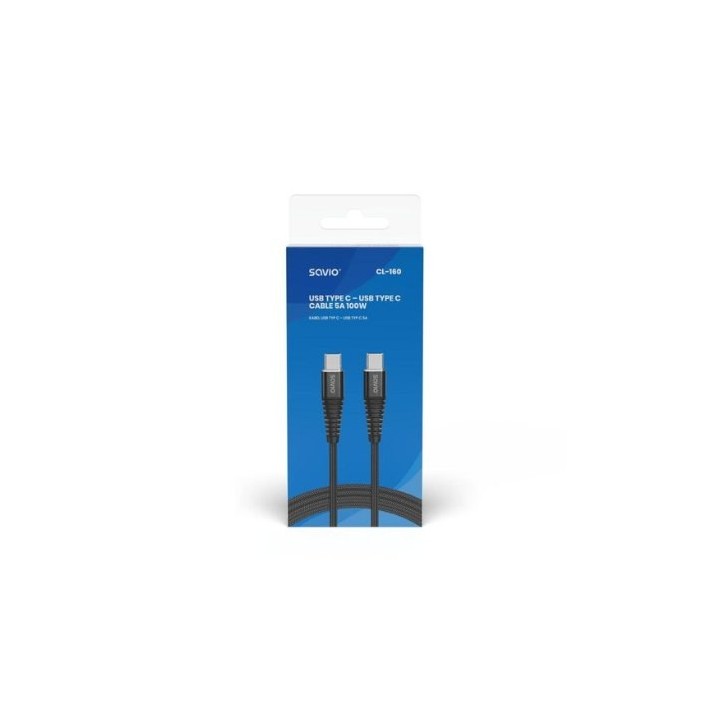 cable usb c a usb c savio 5a 2m cl 160 negro power delivery y quick charge  100w cable 2m