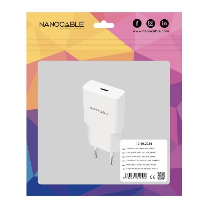 nanocable cargador usb c/pd + usb a/qc 25w blanco