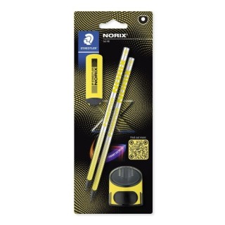 staedtler blister con 2 lapices de grafito norix hb, afilalapices y goma amarillo staedtler 181 sbk2