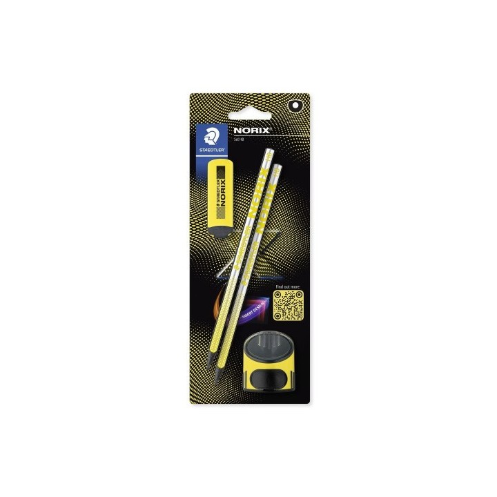 staedtler blister con 2 lapices de grafito norix hb, afilalapices y goma amarillo staedtler 181 sbk2
