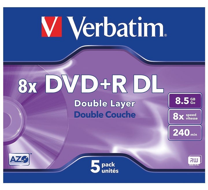 verbatim pack 5u dvd+rdl doble capa 8.5gb 8x 43541