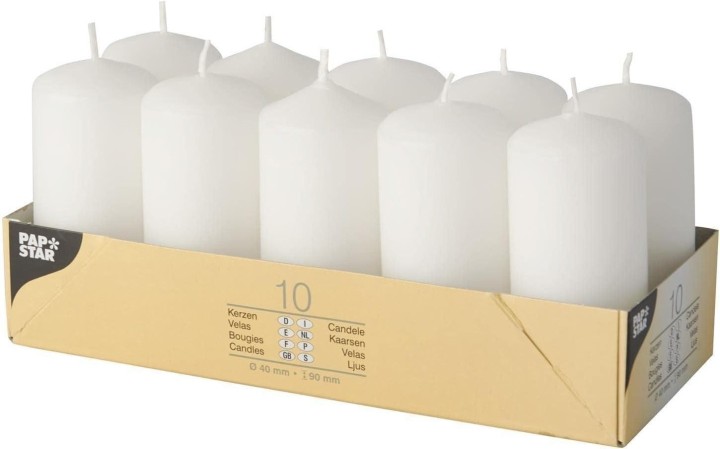 caja 10 velas papstar 4x9cm blanco