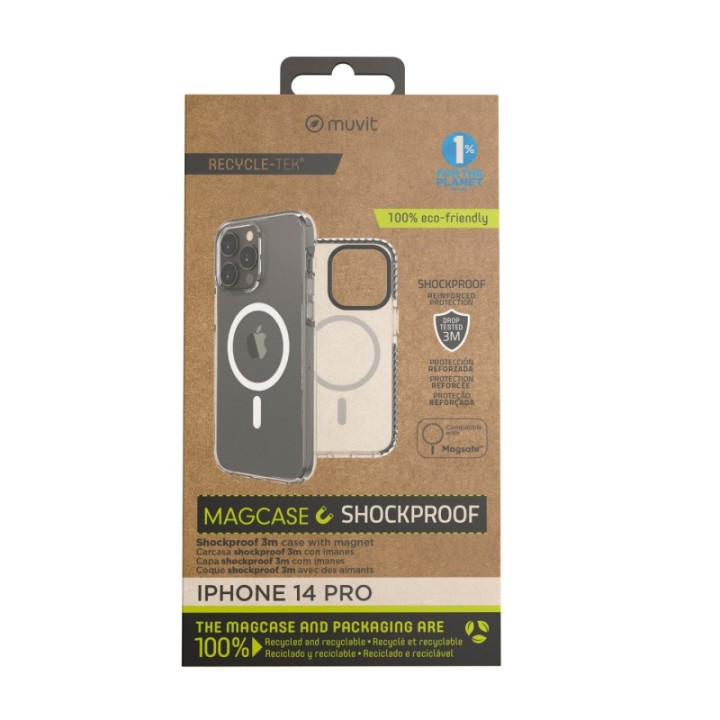 muvit funda muvit recycletek magsafe shockproof 3m para apple iphone 14 pro transparente   negra
