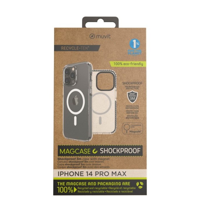 muvit funda muvit recycletek magsafe shockproof 3m para apple iphone 14 pro max transparente   negra