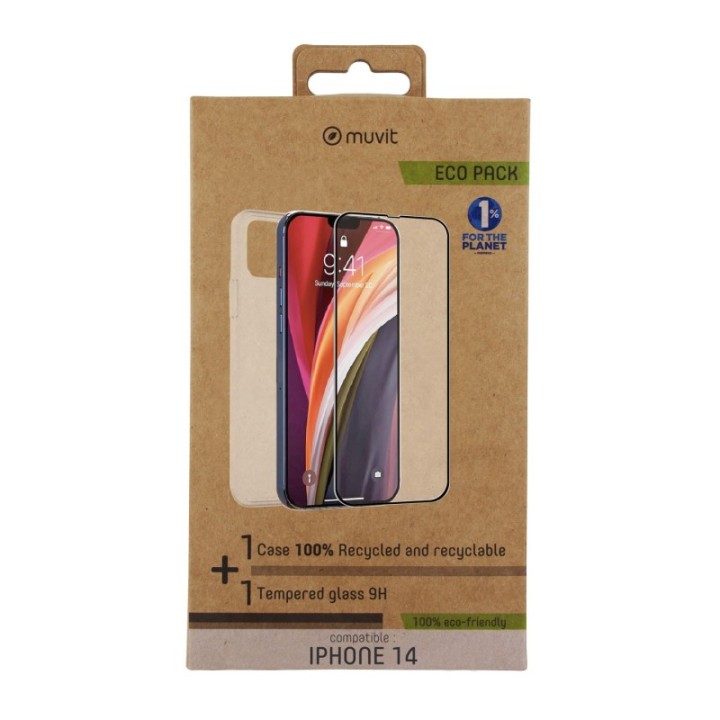 muvit funda muvit para iphone 14 + protector pantalla vidrio templado plano marco negro
