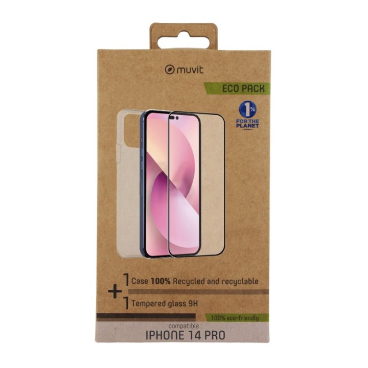 muvit funda muvit para iphone 14 pro + protector pantalla vidrio templado plano marco negro