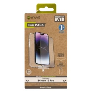 muvit funda muvit para iphone 15 pro + protector pantalla vidrio templado plano marco negro