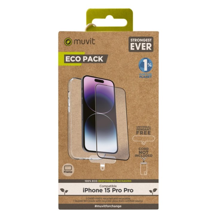 muvit funda muvit para iphone 15 pro max + protector pantalla vidrio templado plano marco negro