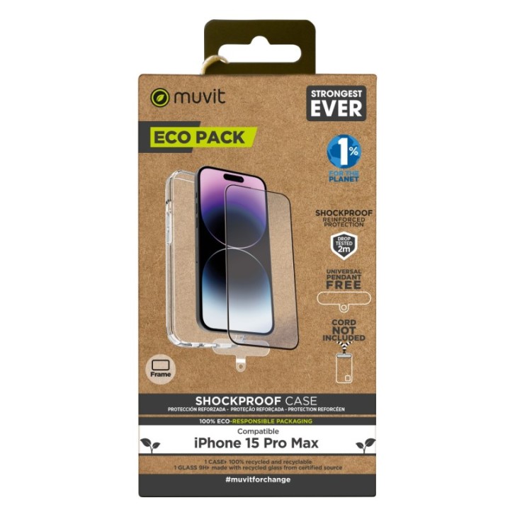 muvit funda muvit shockproof 2m para apple iphone 15 pro max transparente + protector pantalla crist