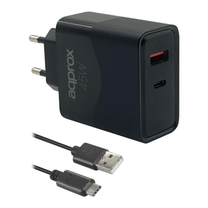 approx cargador 45w qc 1 x usb a+ 1 x usb c+cable