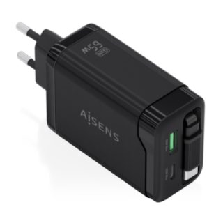 cargador aisens gan 65w 1xusb c cable retractil 1xusb c pd 1xusb a