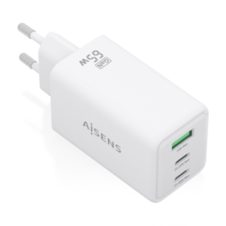 cargador aisens gan 65w 2xusb c pd3.0 qc4.0 1xusb a qc3.0 blanco