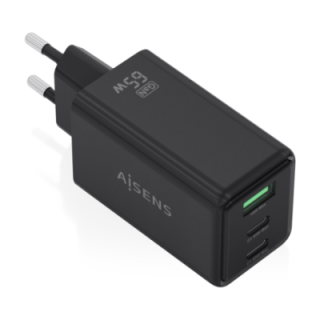 cargador aisens gan 65w 2xusb c pd3.0 qc4.0 1xusb a qc3.0 negro