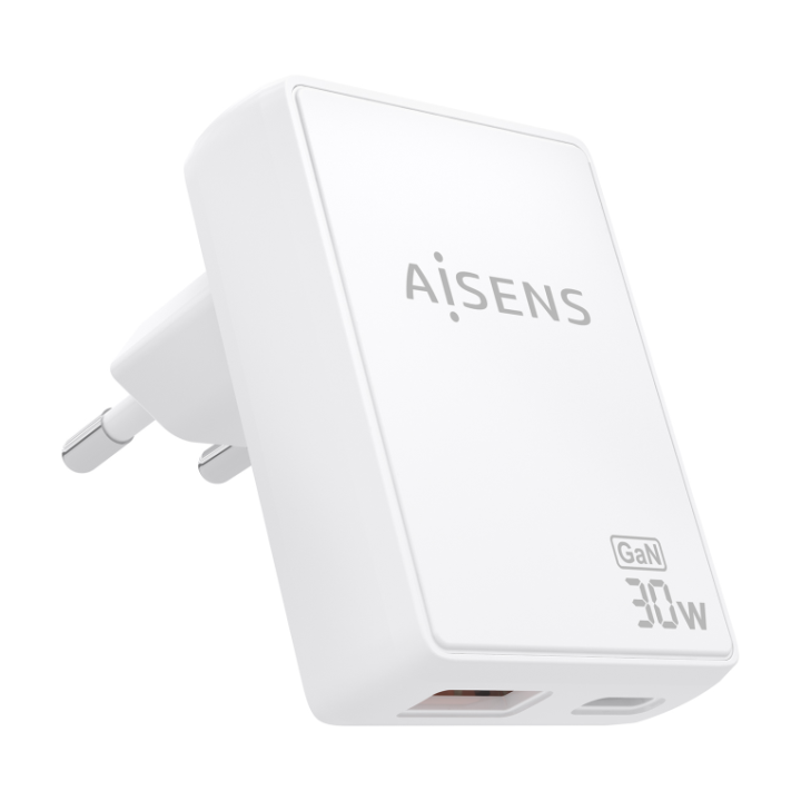 cargador aisens gan pared 30w usb c pd3.0 qc4.0 usb a qc3.0 blanco
